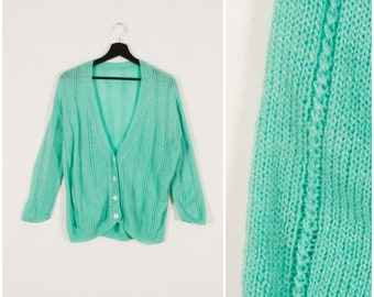 Cardigan des années 70 pour femme XS vert menthe Cardigan vintage couleur menthe haut femme XXS profond col en V Cardi manches 3/4 boutonné pull vert menthe