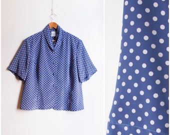 Vintage Polka Dot Blouse Size Large 80s Blue White Spotted Shirt for Women Polka Dot Button Up Top Summer Boho Blouse L Shawl Collar Shirt