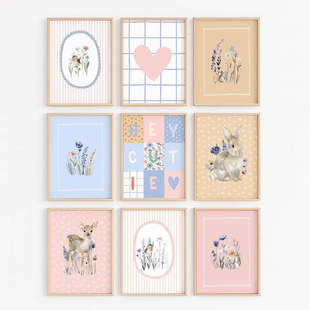 Cottagecore Nursery Wall Art Set of 9, Floral Animal Prints, Girls ...