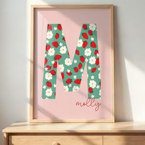 Strawberry and Daisy Initial Wall Art for Girls Custom Name Print Personalised Nursery Decor Kids Room Floral Digital Letter Print Baby Gift