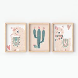 GIRLS LLAMA Nursery Art Print Farm Nursery Décor with Baby Animal Watercolor Cactus Prints & Alpaca Room Wall Art for Girls