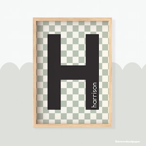 Impresión inicial personalizada, nombre de letra imprimible arte de pared personalizado, arte de pared de la habitación de los niños, cheque de Gingham, retro Scandi, signo de monograma, digital
