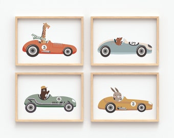 Vintage Race Car Nursery Prints. Baby Boy,  Racing Car Wall Art, Print Set, Four Print, Boys Decor, Printable, Transport, Racing Car Theme