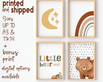 Woodland Bear Themed Rainbow Animal Prints, Little Bear Cave Prints for Baby Boy Nursery Wall Art, Print Set Boys, Printed