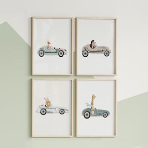 Juego de 4 piezas de arte de pared para niños con diseño de animales de carreras, decoración de carreras, impresión azul para guardería, impresión para guardería, jirafa, zorro, erizo conduciendo, descarga digital