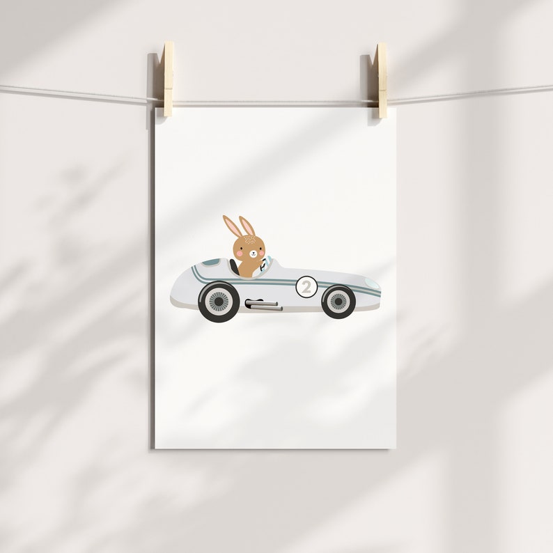 ANIMAL RACER Car Nursery Prints. Baby Boy. Wall Art. Print Set . Four Print. Boys Room Decor. Printed. Transport, Racing Car Theme image 3