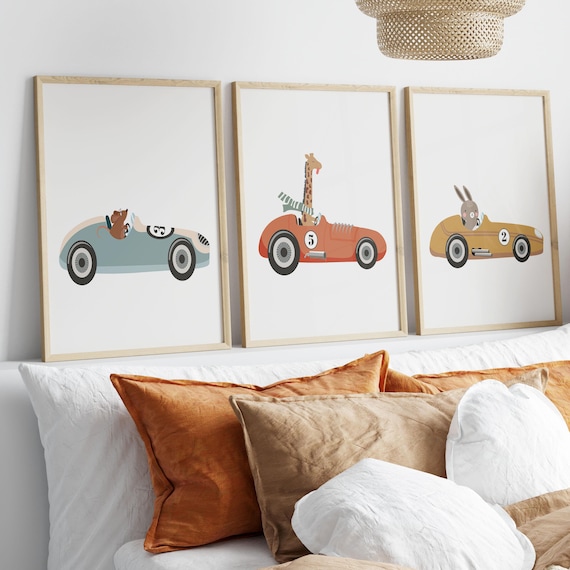 Vintage Race Car Wall Art Set of 3, Boys Room Prints, Animal Driving Racing Nursery Prints, Retro Car Poster, Kids Kids Room Decor Printable