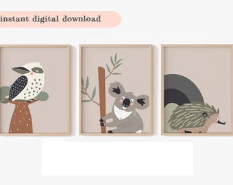 NURSERY WALL ART Set, Digital Download Instant Print, Australian Animals Print Set,Koala, Galah, Echidna Beige Boho Style Prints