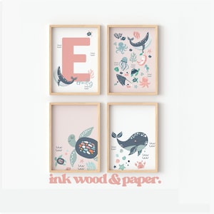 Nautical Whale Pink Wall Art Print Set, Girls Nursery, Sea Ocean Prints, Personalised Name, Digital Download