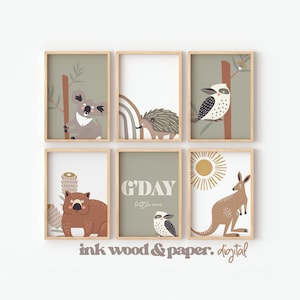 Láminas de animales australianos para pared, juego de seis, habitación de bebé, koala, cucaburra, buen día, pequeño, póster verde, digital, decoración australiana