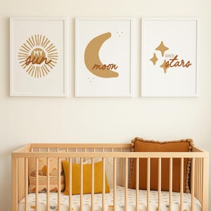 Neutral Boys Nursery Wall Art Set |  Sun Moon and Stars Digital Print Trio | Minimalist Boho Baby Room Decor | Gender Neutral Printable Art