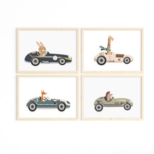 ANIMAL RACER Car Nursery Prints. Baby Boy.  Wall Art. Print Set . Four Print. Boys Room Decor,  Racing Car Theme, Digital Downloads Instant