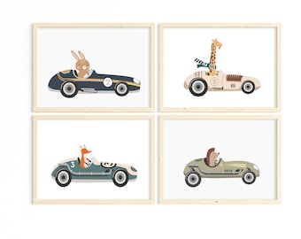 ANIMAL RACER Car Nursery Prints. Baby Boy.  Wall Art. Print Set . Four Print. Boys Room Decor,  Racing Car Theme, Digital Downloads Instant