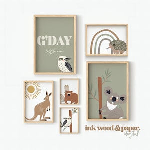 Australische Tiere Wand Kunst Druck, 6er Set, Baby Jungen Zimmer, Koala, Kookaburra, G'day Little One, grün Poster, Aussie Decor, Gallery