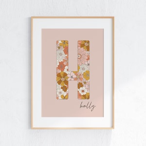 Personalised Floral Letter Print | Retro Flower Initial Wall Art | Custom Name Digital Download | Floral Vintage Girls Room Printable Art