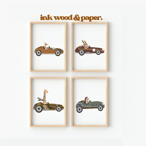 ANIMAL RETRO RACER Car Nursery Prints, Baby Boy Wall Art, Conjunto de cuatro impresiones, Decoración de la habitación de los niños, Impreso, Transporte, Coches de conducción de animales