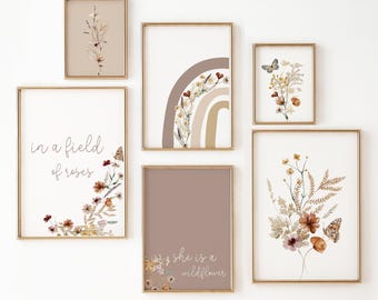 LITTLE WILDFLOWER NURSERY Decor Wall Art Printable Download, Girls Baby rooms, Boho rainbow, Floral botanical, Nursery Print Set