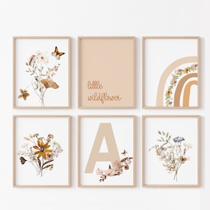 BOHO FLORAL Rainbow Personalised Wall Prints, Nursery Decor, Watercolor Beige Pink Pastels, Little Wildflower, Girls Rooms