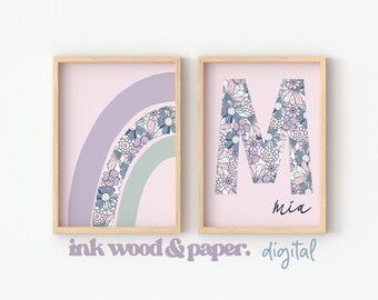 Personalised NURSERY Rainbow Letter NAME Wall Duo ART Prints, Retro Floral Decor, Purple, Baby Girls Nursery, Digital Download, Flowers