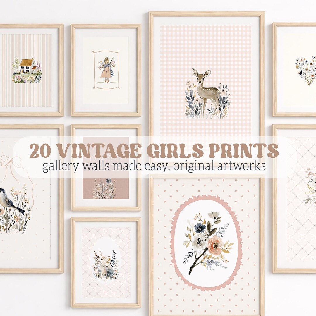Vintage Girls Nursery Wall Art Set of 20, Pink Cottage Nursery Prints ...