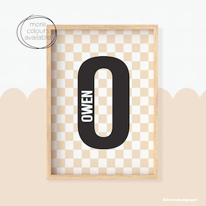 Impresión inicial personalizada, nombre de letra imprimible arte de pared personalizado, arte de pared de la habitación de los niños, cheque de Gingham, retro Scandi, signo de monograma, digital
