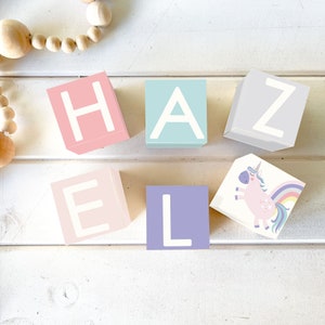 LETTER WOODEN BLOCKS Baby Girl Name, Personalised Nursery Decor, Pastel Unicorn, Photo Prop image 1