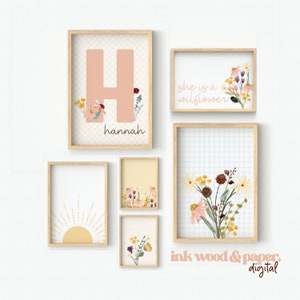 Juego de arte floral personalizado para guardería con diseño de flores vintage boho, póster con letras iniciales para dormitorio de niña, decoración floral botánica, cuadros vichy