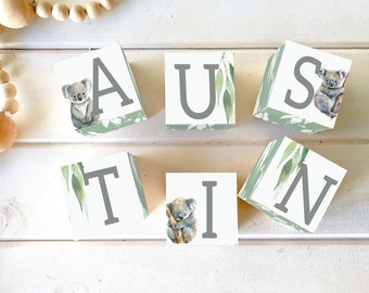 LETTER WOODEN BLOCKS Baby Boy Name, Personalised Nursery Kids Decor, Koala Australian, Photo Prop, Newborn Gift