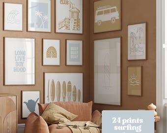 Surfer Jungen Wandkunst, Kinderzimmer Dekor, Suring Drucke, Strand Schlafzimmer Galeriewand, Boho Küsten Vibe, Pastell Digitaldrucke, Wal