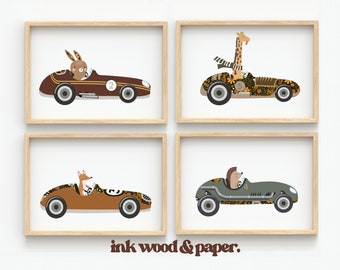 ANIMAL RETRO RACER Car Nursery Prints, Baby Boy Wall Art, Four Print Set, Boys Room Decor, Printed, Transport, Animal Driving Cars