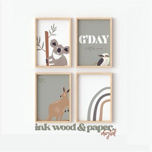 G&#39;Day Little One, Australian Animal Wall Art Boys Prints, Boys Nursery Prints, Koala and Kangaroo Aussie, Animal Decor, Digital Download