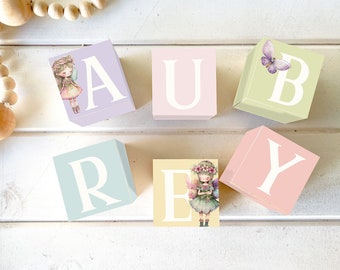 LETTER WOODEN BLOCKS Baby Girl Name, Personalised Nursery Kids Decor, Floral Fairy Magical Garden, Photo Prop, Newborn Gift