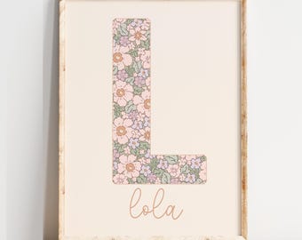 Custom Letter Ditsy Floral Print, Printable Initial Art, Girls Name Wall Art, Boho Purple Floral Decor, Baby Girl Nursery, Monogram Sign