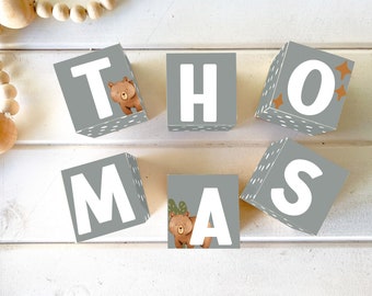 LETTER WOODEN BLOCKS Baby Boy Name, Personalised Nursery Kids Decor,Woodland Bear , Photo Prop, Newborn Gift