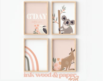 G'Day Little One, Australian Animal Wall Art Boys Prints, Girl Nursery Floral Prints, Koala and Kangaroo Aussie,Pink, Digital Download