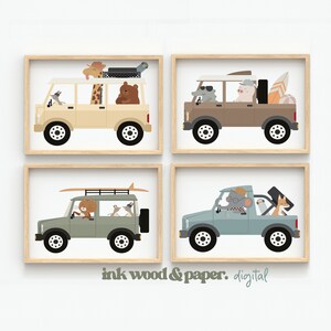 Animales conduciendo guarderías infantiles, impresiones artísticas de pared, decoración de habitaciones infantiles, juego de cuatro impresiones, transporte y arte de automóviles para niños, animales de safari caprichosos, digital