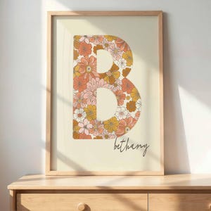 NÚMERO DE BERÇÁRIO personalizado Letras NOME Impressões de ARTE de parede digital, Decoração floral retrô, Impressão de parede, Berçário de meninas, Impressões de quarto de meninas, Flores,