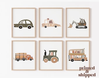 CONSTRUCTION TRUCKS Animal Nursery Prints, Baby Boy Room Wall Art, Truck & Cars Vehicle Posters, Six Print Set , Animals Driving, Printed