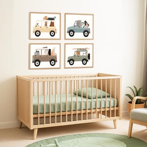 Animals Driving Boys Nursey Wall Art Prints, Kids Room Decor, Four Print Set, Boys Transport and Car Art, Whimsical Safari Animals, Digital