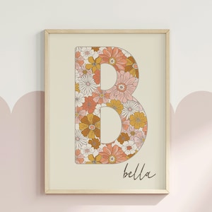Personalised Floral Initial Wall Art | Custom Name Print for Girls Room or Nursery | Retro Boho Flower Letter Art | Printable Download