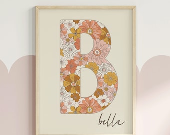 Personalised Floral Initial Wall Art | Custom Name Print for Girls Room or Nursery | Retro Boho Flower Letter Art | Printable Download