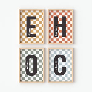 Impresión de cuadros para niños, impresión inicial personalizada, letra imprimible, nombre, arte de pared personalizado para habitación de niños, letrero con monograma de estilo retro a cuadros, digital