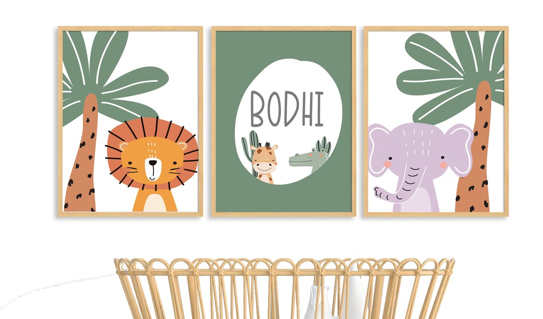 JUNGLE SAFARI ELEPHANT Nursery Decor Personalised 3 Print Wall Art Set ...