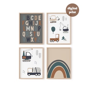CONSTRUCTION, TRUCKS,  Digital Boys Nursery Wall Art, Building Vehcile Nursery Prints,Baby Boy, Alphabet ABC Print Set , Boys Room Decor