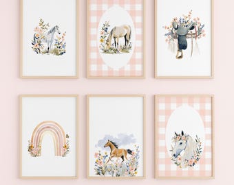 Cowgirl Horse Nursery Prints: Western Wall Art Set, Pink Girls Room Decor, Boho Style Digital Download