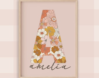 Personalised NURSERY Letter NAME Wall ART Prints, Retro Floral Decor, Wall Print, Baby Girls Nursery, Girls Room Prints, Flowers