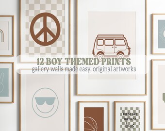 Jungen Galerie Wanddrucke Set von 12 digitaler Download, Skate Surf Auto Wandkunst, neutrale Kinderzimmer Dekor-Sammlung