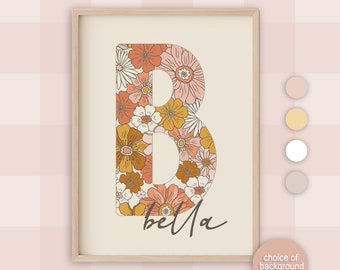 Personalised NURSERY Letter NAME Wall ART Prints, Retro Floral Decor, Wall Print, Baby Girls Nursery, Girls Room Prints, Flowers