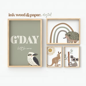 Stampe artistiche da parete con animali australiani, set di sei, cameretta per neonati, koala, kookaburra, G'day Little One, poster verde, decorazioni australiane, galleria
