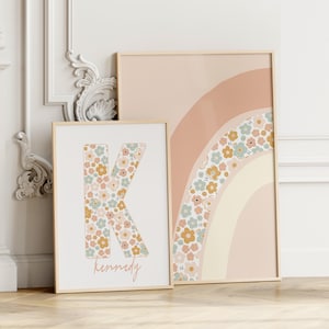 Letras digitais personalizadas de arco-íris para berçário, dupla de impressões artísticas de parede, decoração floral rosa, boho, berçário de meninas, quarto de meninas